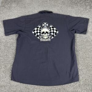 Lucky 13 Shirt Mens XL Gray Skull Checkered Flag Racing Work Button Front Biker